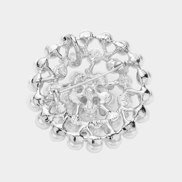 Silver White Pearl Brooch Crystal Pin 1.75" Circle Rhinestones Bling Accessory - Picture 2 of 2